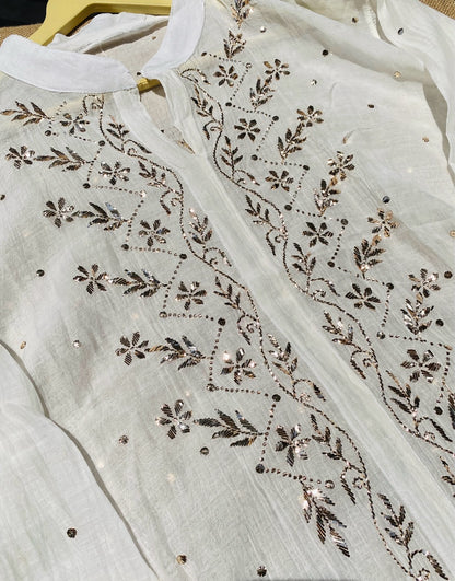 Roohani White Mukaish Semi Stitched Coord Set - Famous Chikankari