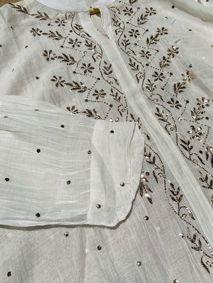 Roohani White Mukaish Semi Stitched Coord Set - Famous Chikankari