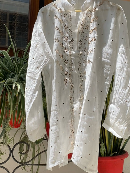 Roohani White Mukaish Semi Stitched Coord Set - Famous Chikankari