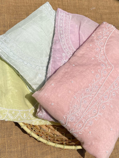 Soft Pastels Mul Chanderi Unstitched Kurta Dupatta - Famous Chikankari