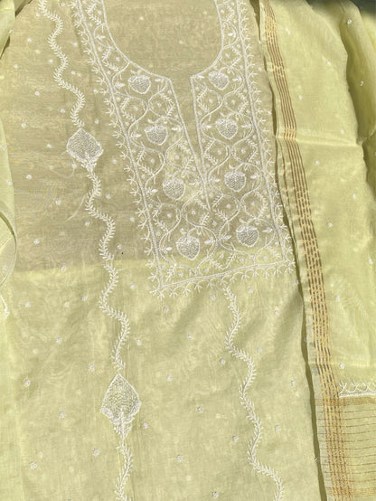 Soft Pastels Mul Chanderi Unstitched Kurta Dupatta - Famous Chikankari