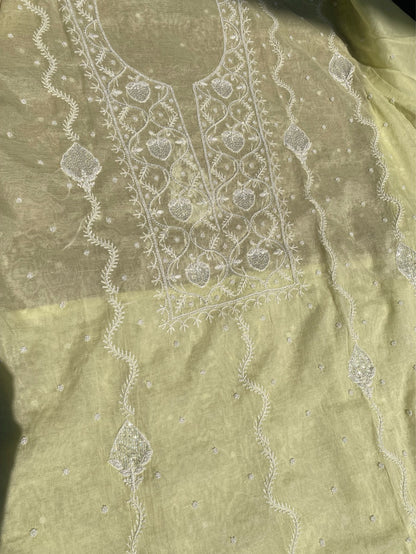 Soft Pastels Mul Chanderi Unstitched Kurta Dupatta - Famous Chikankari