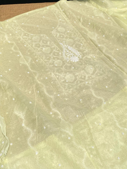 Soft Pastels Mul Chanderi Unstitched Kurta Dupatta - Famous Chikankari