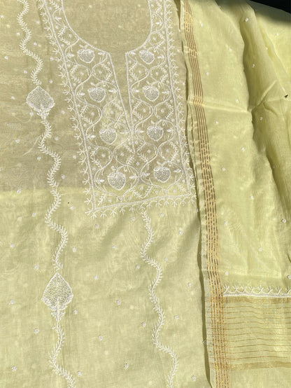 Soft Pastels Mul Chanderi Unstitched Kurta Dupatta - Famous Chikankari