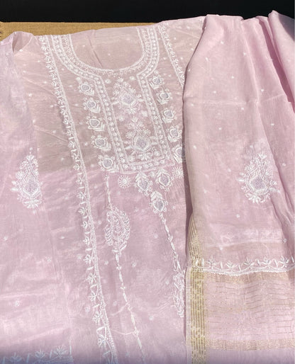 Soft Pastels Mul Chanderi Unstitched Kurta Dupatta - Famous Chikankari