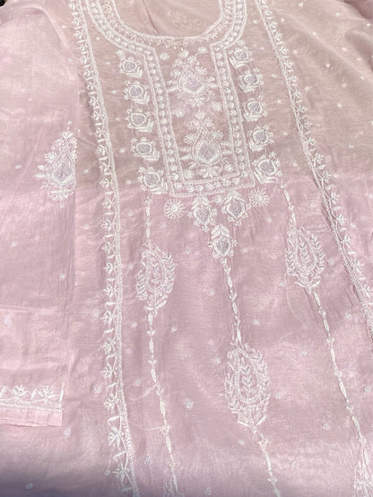 Soft Pastels Mul Chanderi Unstitched Kurta Dupatta - Famous Chikankari