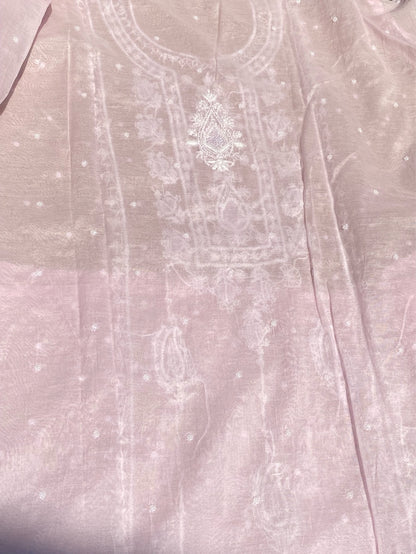 Soft Pastels Mul Chanderi Unstitched Kurta Dupatta - Famous Chikankari
