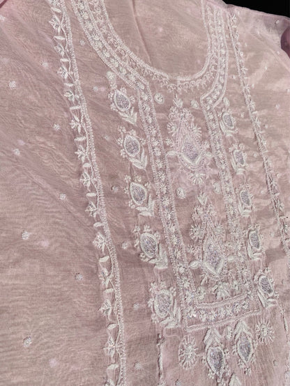 Soft Pastels Mul Chanderi Unstitched Kurta Dupatta - Famous Chikankari