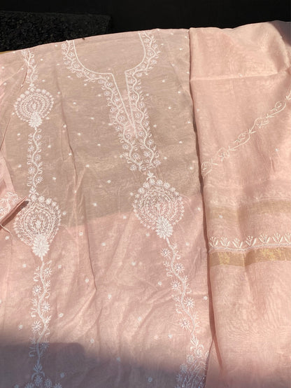 Soft Pastels Mul Chanderi Unstitched Kurta Dupatta - Famous Chikankari