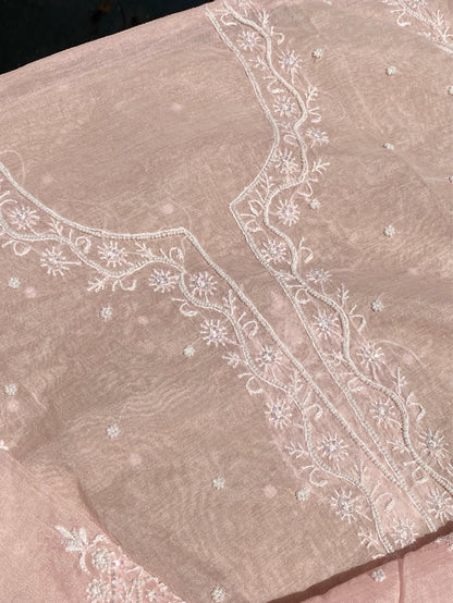 Soft Pastels Mul Chanderi Unstitched Kurta Dupatta - Famous Chikankari