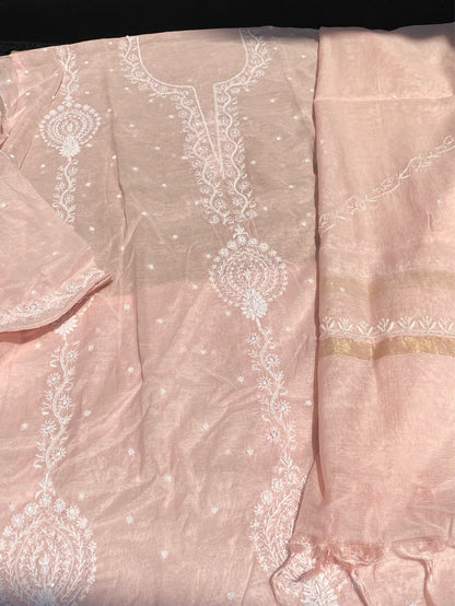 Soft Pastels Mul Chanderi Unstitched Kurta Dupatta - Famous Chikankari