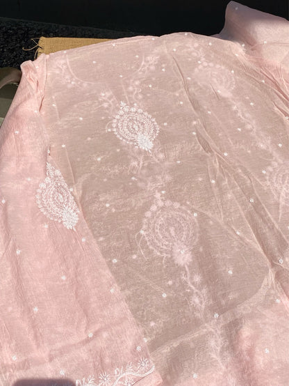 Soft Pastels Mul Chanderi Unstitched Kurta Dupatta - Famous Chikankari