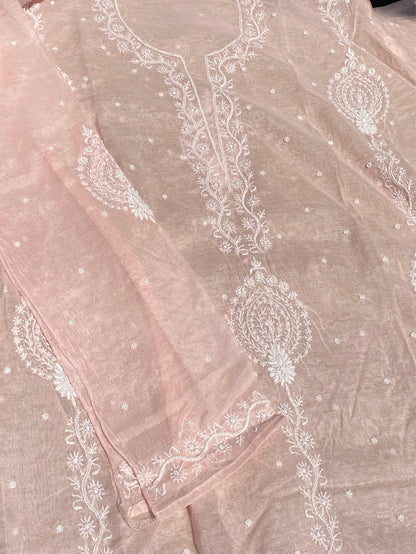 Soft Pastels Mul Chanderi Unstitched Kurta Dupatta - Famous Chikankari