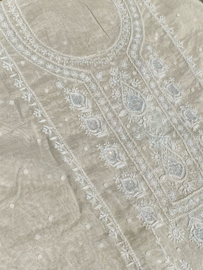 Soft Pastels Mul Chanderi Unstitched Kurta Dupatta - Famous Chikankari