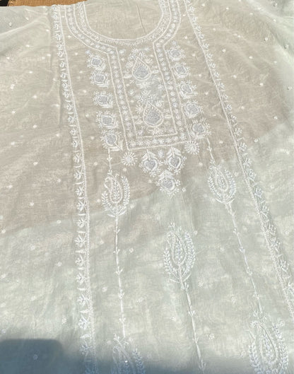 Soft Pastels Mul Chanderi Unstitched Kurta Dupatta - Famous Chikankari