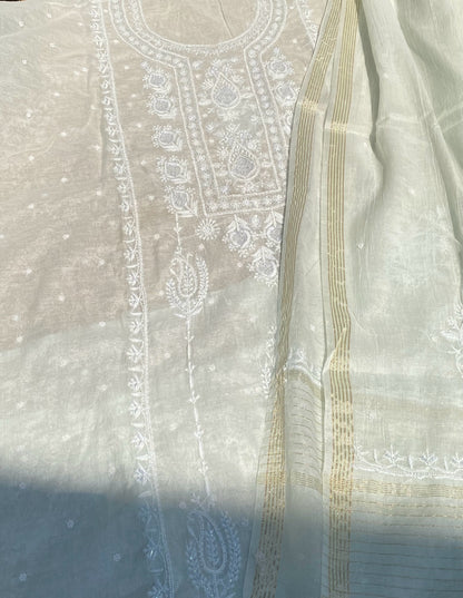 Soft Pastels Mul Chanderi Unstitched Kurta Dupatta - Famous Chikankari