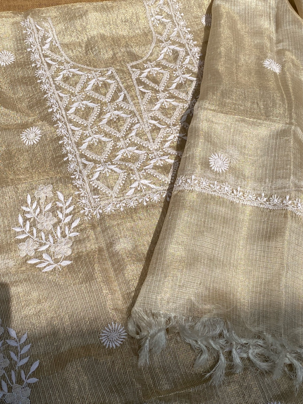 Pure Tissue Chikankari Unstiched Kurta Dupatta