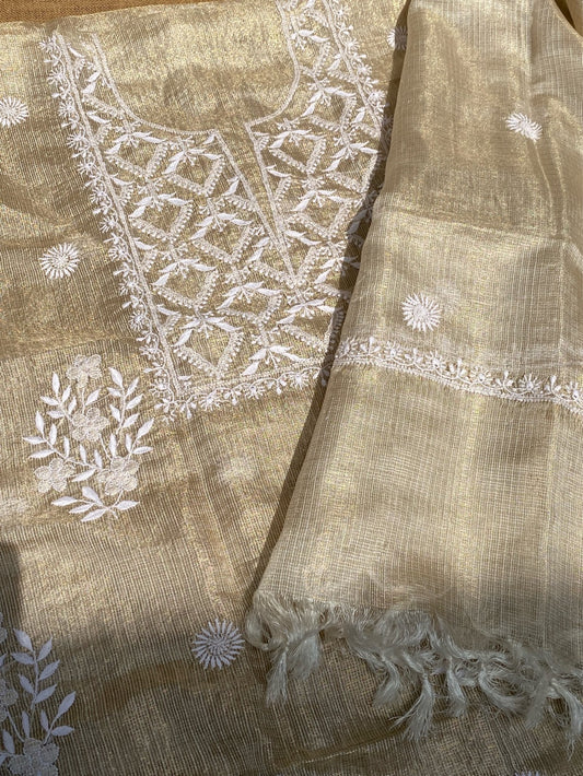 Pure Tissue Chikankari Unstiched Kurta Dupatta