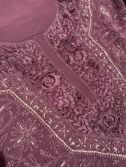Black Current Chikankari Parsigara Viscose Unstitched Dress - Famous Chikankari