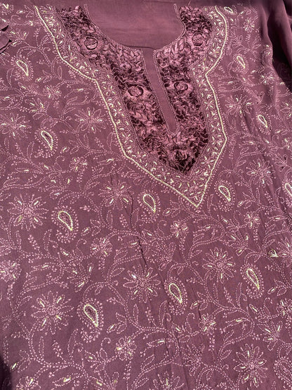 Black Current Chikankari Parsigara Viscose Unstitched Dress - Famous Chikankari