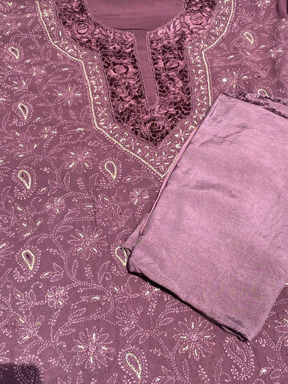 Black Current Chikankari Parsigara Viscose Unstitched Dress - Famous Chikankari