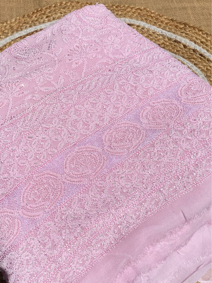 Pink Chikankari Jaalwork Viscose Unstitched Dress - Famous Chikankari