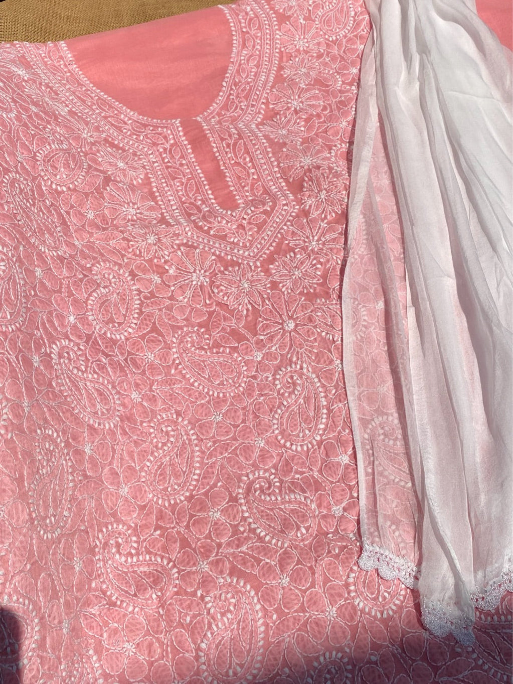 Traditional Carrot Pink Chikankari Jaalwork Unstiched Dress