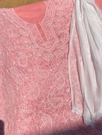 Traditional Carrot Pink Chikankari Jaalwork Unstitched Dress - Famous Chikankari