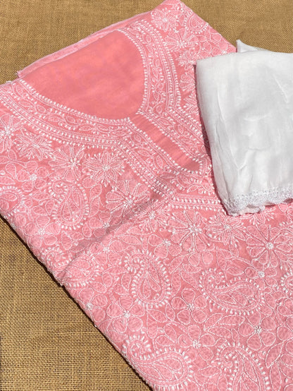 Traditional Carrot Pink Chikankari Jaalwork Unstitched Dress - Famous Chikankari