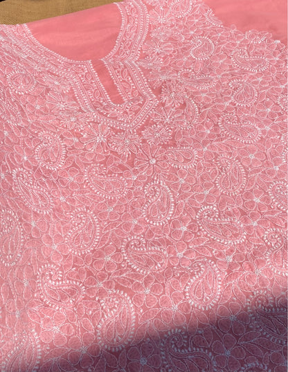 Traditional Carrot Pink Chikankari Jaalwork Unstitched Dress - Famous Chikankari