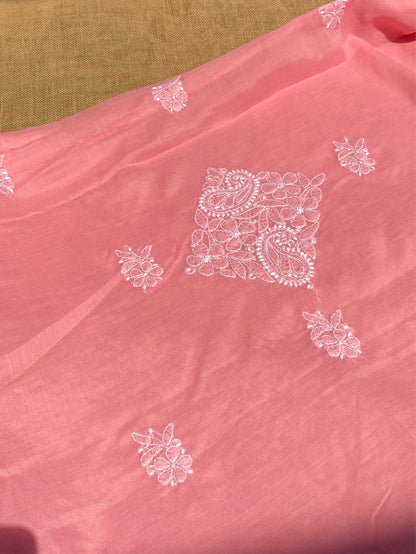 Traditional Carrot Pink Chikankari Jaalwork Unstitched Dress - Famous Chikankari
