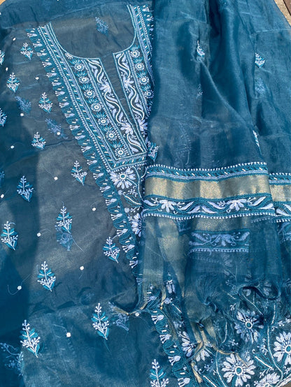 Peacock Blue Chikankari Organza Unstitched Kurta Dupatta - Famous Chikankari