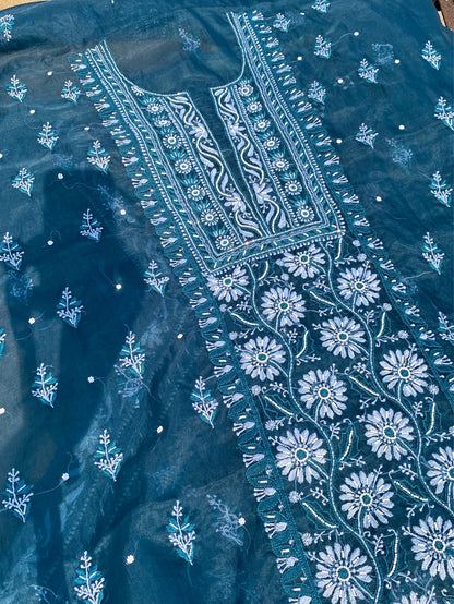 Peacock Blue Chikankari Organza Unstitched Kurta Dupatta - Famous Chikankari