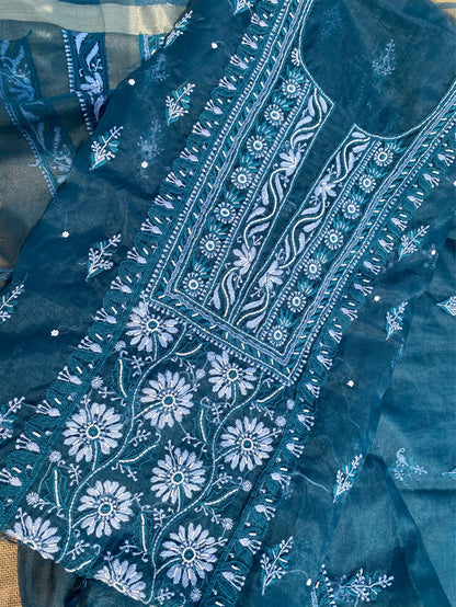 Peacock Blue Chikankari Organza Unstitched Kurta Dupatta - Famous Chikankari