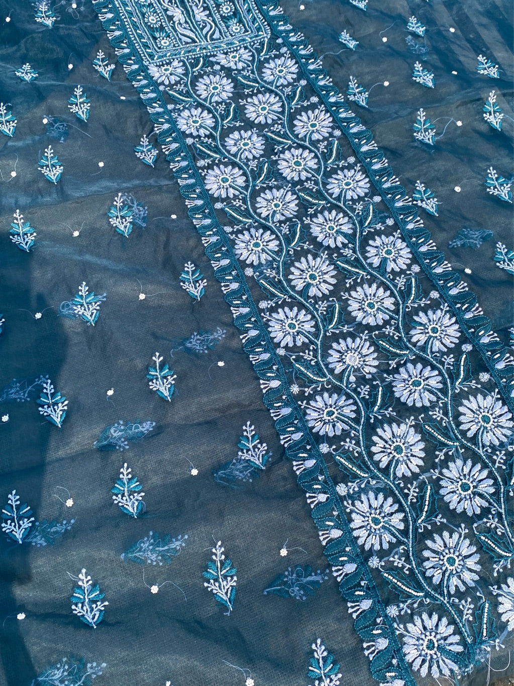 Peacock Blue Chikankari Organza Unstiched Kurta Dupatta