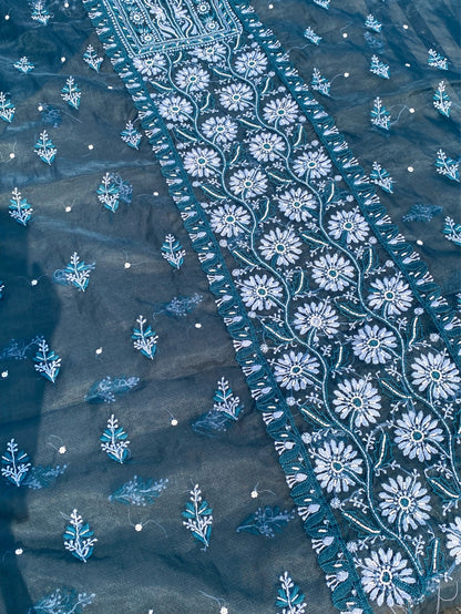 Peacock Blue Chikankari Organza Unstitched Kurta Dupatta - Famous Chikankari