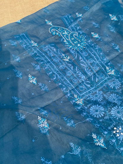 Peacock Blue Chikankari Organza Unstitched Kurta Dupatta - Famous Chikankari