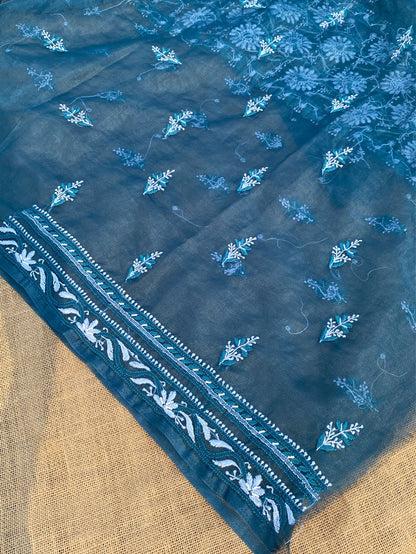 Peacock Blue Chikankari Organza Unstitched Kurta Dupatta - Famous Chikankari