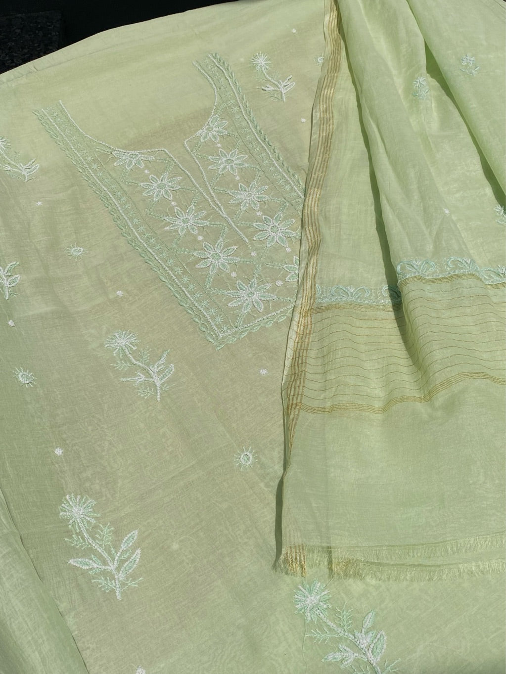 Noor-e-Mulmul Pista Green Chikankari Unstiched Set
