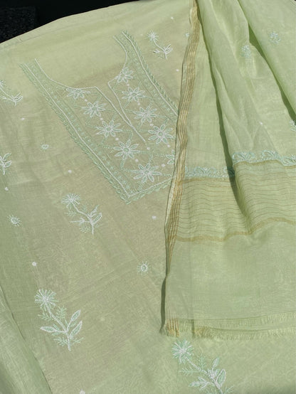 Noor-e-Mulmul Pista Green Chikankari Unstitched Set - Famous Chikankari