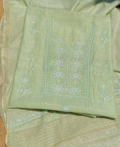 Noor-e-Mulmul Pista Green Chikankari Unstitched Set - Famous Chikankari