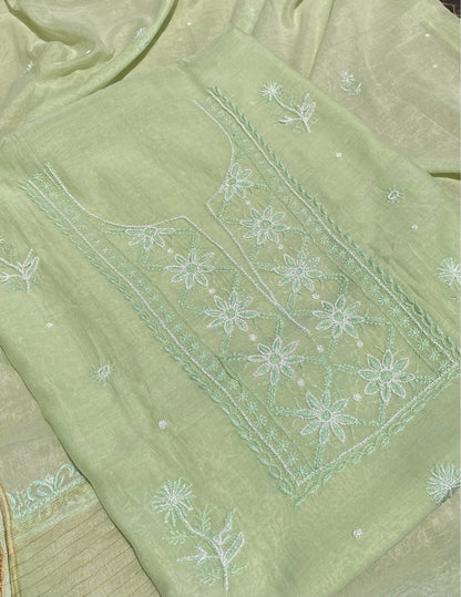 Noor-e-Mulmul Pista Green Chikankari Unstitched Set - Famous Chikankari