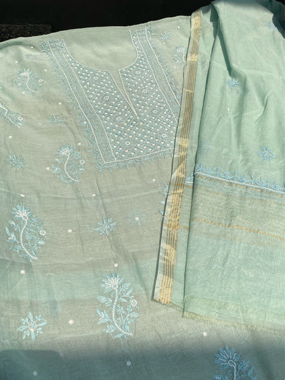 Noor-e-mulmul Mint Green Unstitched Chikankari Set - Famous Chikankari
