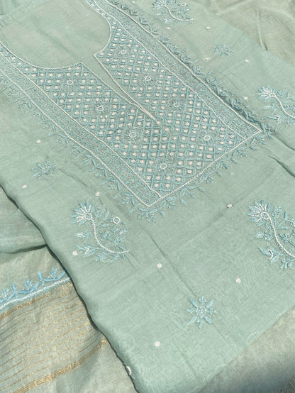 Noor-e-mulmul Mint Green Unstitched Chikankari Set - Famous Chikankari