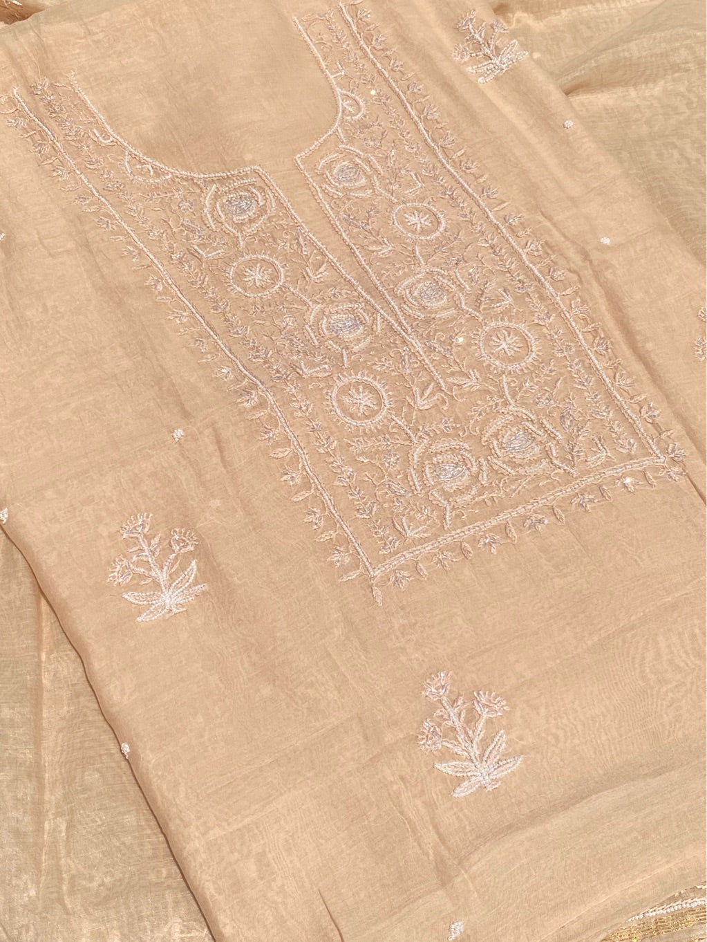 Noor-e-mulmul Beige Unstitched Chikankari Set