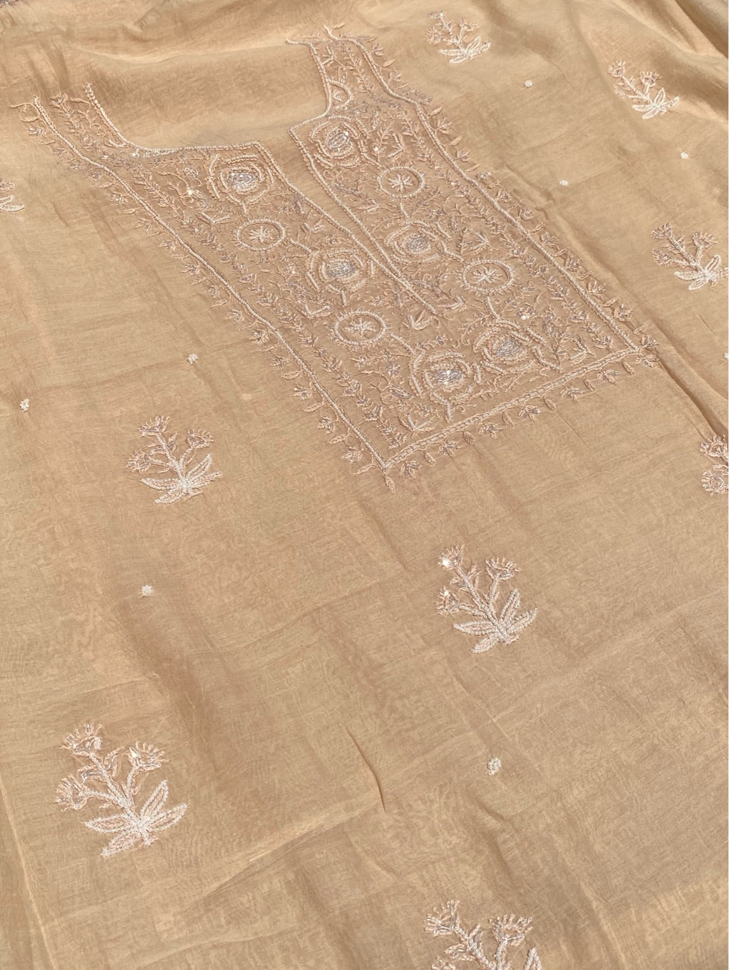 Noor-e-mulmul Beige Unstitched Chikankari Set
