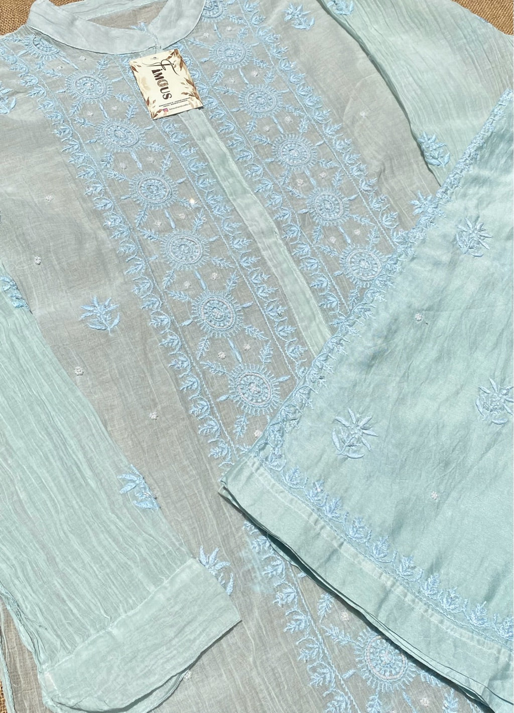 Tamanna Chikankari and Pearl Work Semi Stitched Coord Sets-Paled Turquoise