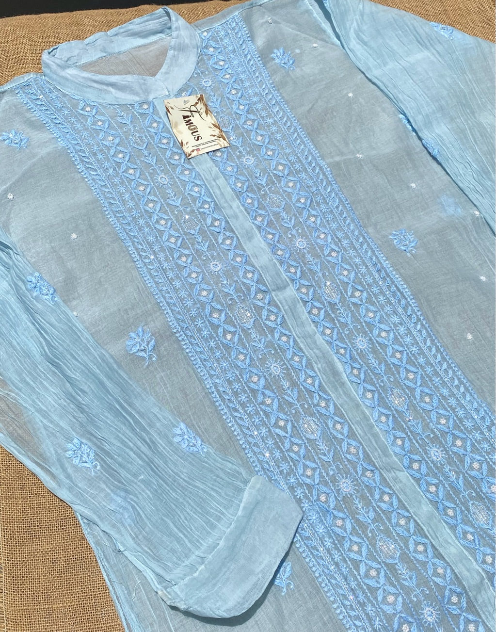 Tamanna Chikankari and Pearl Work Semi Stitched Coord Sets-Powder Blue