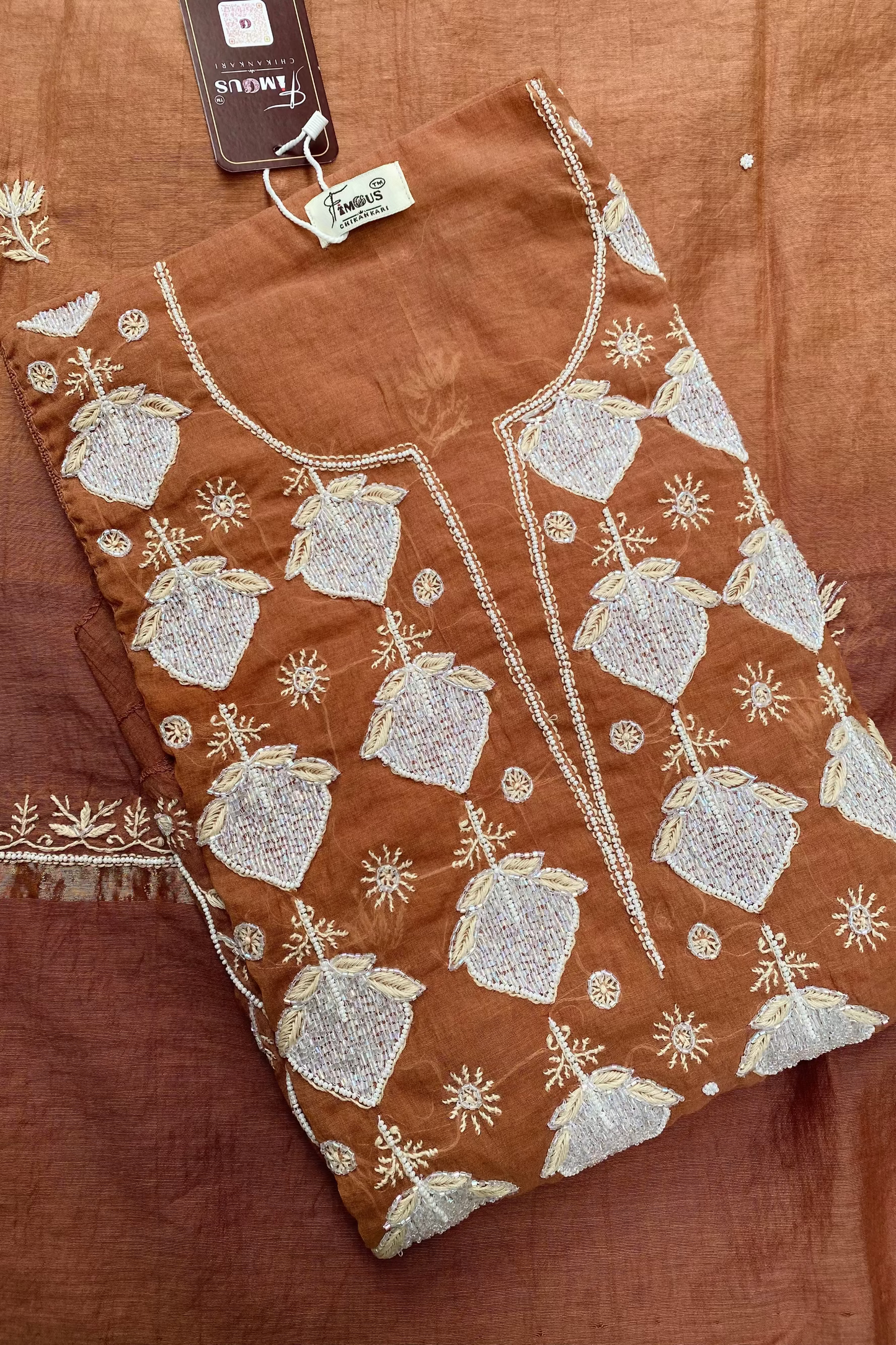 Semi-Stitched Chocolate Brown Ombre Chikankari Kurta & Dupatta