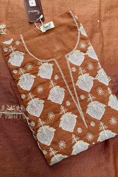 Semi-Stitched Chocolate Brown Ombre Chikankari Kurta & Dupatta